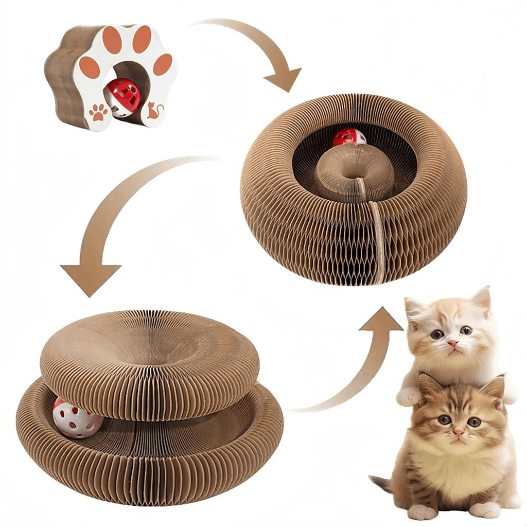 Foldable Cat Scratcher with Bell & Catnip - Multi-Level Cardboard Toy for Kittens, Durable Claw Sharpener