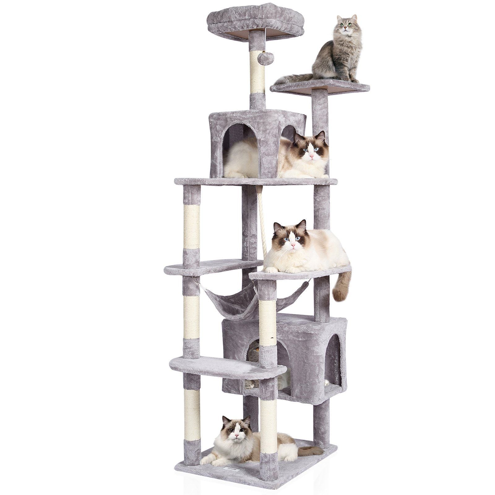 Cat Tree 72" Cat Tower with 2 Cat Condos Sisal Scratching Post Light Grey